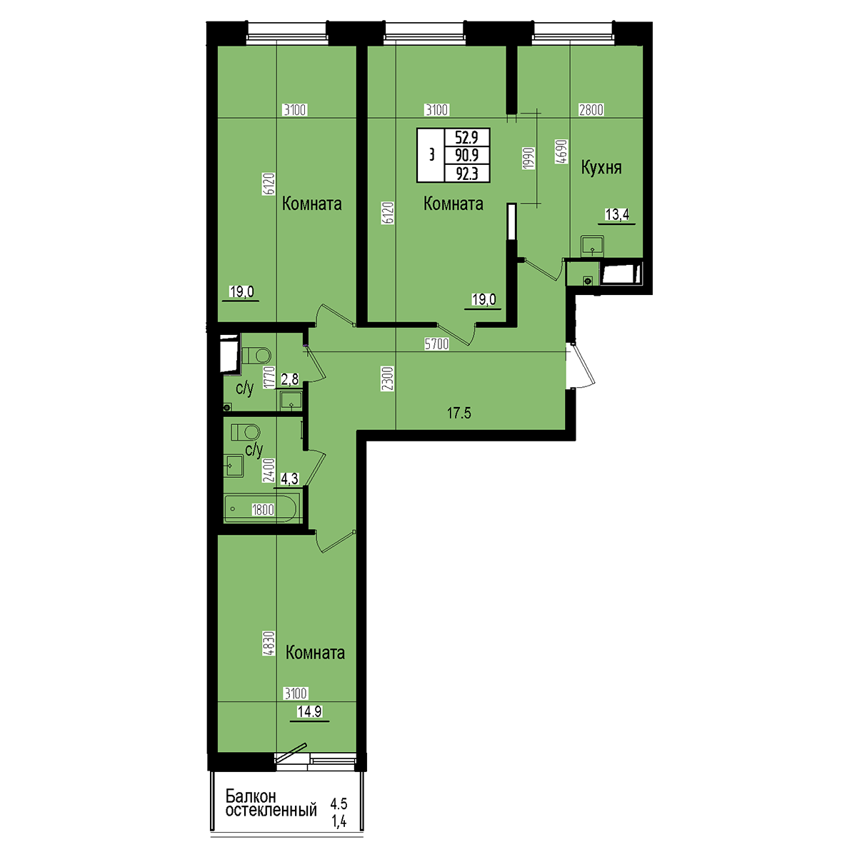 Трёхкомнатная №389